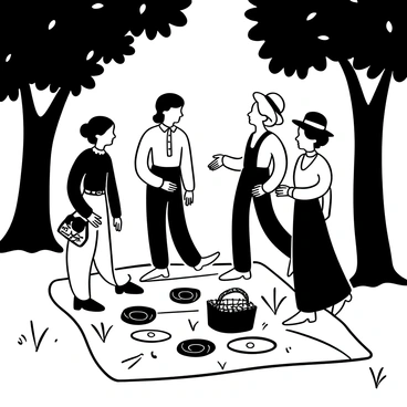 A group of Gibson girls dressed in elegant Edwardian attire, standing in a lush park filled with tall trees. They are engaged in lively conversation, with one girl leaning in towards another, gesturing animatedly. They are surrounded by a picnic blanket laid out with vintage picnic items, such as a wicker basket and porcelain plates. Sunlight filters through the leaves above, casting intricate shadows on the ground. The scene captures a sense of camaraderie and joy, with the girls displaying animated postures as they share secrets.