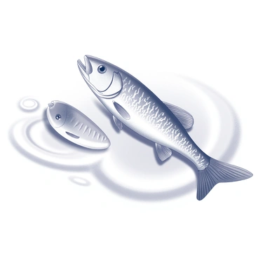 A fishing lure designed with intricate details, showcasing features like shiny hooks and scales that reflect light. Nearby, a walleye fish is swimming, exhibiting its elongated body and distinctive markings. The walleye appears curious, its eye fixated on the lure, while its fins are slightly spread as it glides through the water. The setting includes the gentle ripples created by the movement of the fish, enhancing the sense of underwater exploration.