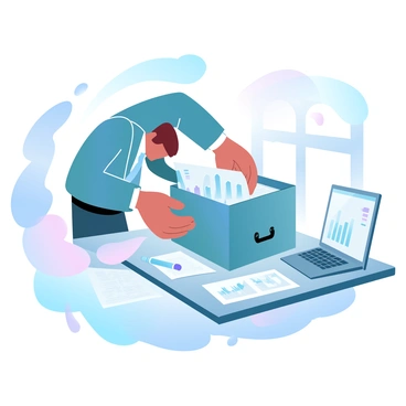 A businessman in a tailored suit is bending over to open a briefcase on a sleek, modern desk. The briefcase is filled with vibrant bilan charts in various colors, showcasing different financial data and trends. Surrounding the briefcase are scattered papers and a pen, indicating an active work environment. A laptop is positioned at the side, displaying additional graphs and figures. The scene is illuminated by natural light coming from a nearby window, creating a dynamic atmosphere.