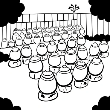 Rows of clay crocks with round, domed lids arranged neatly in a traditional Korean yard. The crocks are varying in size, made from earthenware, showcasing their rustic texture. Each crock is placed on flat stones or wooden stands, positioned under the open sky. Lush greenery surrounds the yard, with a wooden fence partially visible in the background. Sunlight filters through the leaves, casting soft shadows on the ground. Some crocks display faint signs of use, with a few having ingredients for kimchi peeking out from the edges.
