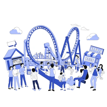 A busy amusement park scene filled with various rides and attractions. In the foreground, there is a large roller coaster with steep drops and loops, its tracks winding high above the ground. Surrounding the coaster, people of different ages are seen enjoying the rides, some with expressions of excitement and others smiling as they wait in line. In the background, there are colorful game stalls and food stands, with families holding cotton candy and balloons. The sky above is clear, and the atmosphere is lively with movement and energy.