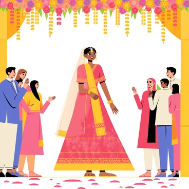 An Indian bride wearing a vibrant red and gold lehenga with intricate embroidery is gracefully making her entrance at the wedding ceremony. She has her hair adorned with fresh jasmine flowers and a delicate maang tikka on her forehead. The bride is walking under a large floral canopy that is decorated with colorful blossoms, including marigolds and roses, hanging delicately above her. The ground is covered with a carpet of petals, enhancing the festive atmosphere. Guests in traditional attire are gathered around, smiling and admiring the bride as she approaches the altar.