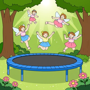 A vibrant enchanted forest filled with lush green trees and colorful flowers surrounding a trampoline. Several small fairies with delicate, iridescent wings are joyfully leaping into the air. Each fairy has a unique outfit, decorated with petals and leaves, in hues of pink, blue, and yellow. Sunlight filters through the leaves above, casting playful shadows on the trampoline. Some fairies are mid-jump, while others are preparing to bounce, their expressions filled with excitement. The forest floor is covered with soft moss and scattered sparkling stardust, enhancing the magical ambiance.