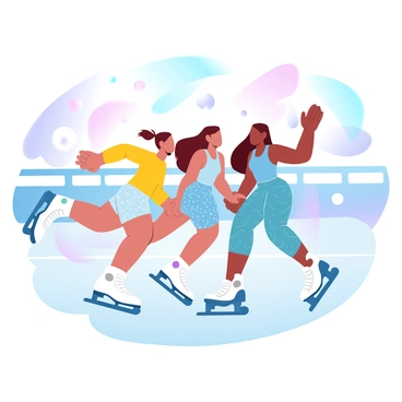 A group of three friends is roller skating together at a retro rink. One person is wearing a bright yellow shirt with patterned shorts, while another friend is in a blue tank top with colorful leggings. The third friend is sporting a funky patterned jumpsuit. They are laughing and enjoying their time, gliding on the smooth floor. Shimmering disco lights in various colors are casting vibrant reflections on the walls and floor of the rink. A large mirror ball hangs from the ceiling, creating an atmosphere filled with movement and excitement.
