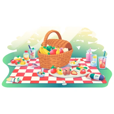 A delicious illustration of a picnic spread with various snacks and drinks