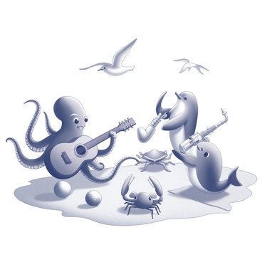 A beach setting with sand and gentle waves lapping at the shore. A group of sea creatures is gathered, engaging in a lively music session. A cheerful octopus is playing a guitar with its eight arms skillfully strumming the strings. Nearby, a dolphin is joyfully blowing into a saxophone, while a crab taps a tambourine with its claws. In the background, a starfish is perched on a beach towel, clapping along to the rhythm. Seagulls fly above, and a beach ball rolls playfully near the creatures. The scene exudes a sense of fun and harmony among the musical performers.