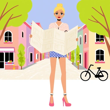 A vintage Barbie doll with blonde hair styled in a classic updo is holding an unfolded map in her hands. She is dressed in a pastel-colored outfit featuring a polka dot skirt and a fitted blouse. The background showcases a charming old town with cobblestone streets, quaint buildings with colorful facades, and flower boxes under the windows. A small café with outdoor seating is visible to the side, and a pair of bicycles are parked nearby. Several trees with green leaves frame the scene, while a clear blue sky provides a bright atmosphere.