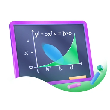 A chalkboard displaying a colorful parabola graph. The graph features a bright blue curve, representing the quadratic function, and is positioned prominently in the center. The axes are clearly labeled in white, with the x-axis and y-axis intersecting at the origin. The parabola is accompanied by the quadratic equation "y = ax^2 + bx + c" written in large, bold letters near its vertex. Additional elements such as grid lines and a few colorful chalk pieces scattered at the bottom of the board enhance the scene.