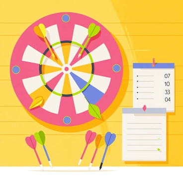 A dartboard is mounted on a bright wooden wall, featuring colorful segments and a bullseye in the center. Several darts, with vibrant colored flights, are shown embedded in the board at various angles. Scattered around the base of the dartboard are additional darts, some standing upright and others lying on the ground. The scene has elements of light reflecting off the metallic tips of the darts, adding a dynamic feel to the arrangement. A score sheet, partially visible, is pinned next to the dartboard with numbers and tallies marked.