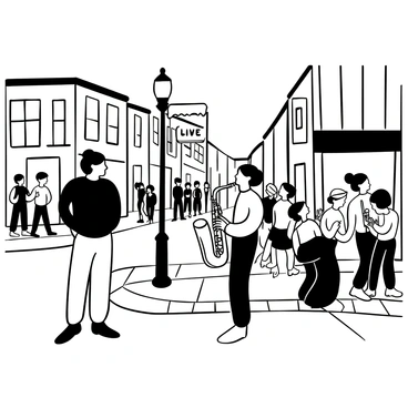 A gentleman wearing a tailored suit stands on a busy street corner, observing a musician playing a saxophone. The street is lined with tall buildings, and there are pedestrians walking by, some stopping to listen. Nearby, a small crowd has gathered, clapping their hands in appreciation. The ground is made of cobblestones, adding texture to the scene. A lamppost is illuminated, casting shadows around the musician and the gentleman. The words "Live Music" are displayed on a nearby sign.