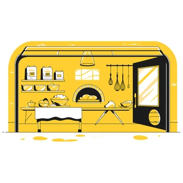 A garage with walls lined with shelves filled with flour bags, each labeled clearly. In the center, there is a large wooden table covered with a white cloth, holding various mixing bowls of different sizes. An oven is situated against one wall, with its door open slightly, revealing a tray of freshly baked goods inside. Above the table, there are hanging utensils, including whisks and spatulas, ready for use. The floor is scattered with flour dust, creating a busy baking atmosphere. In one corner, a small window allows natural light to filter in, highlighting the organized chaos of the baking station.