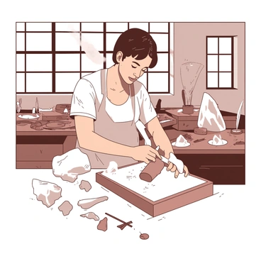 A sculptor shaping an abstract figure out of quartz crystal in a studio