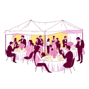 A white tent is set up in an outdoor area, filled with guests enjoying a wedding reception. The interior of the tent is beautifully decorated with elegant table settings featuring white tablecloths and gold cutlery. Each table has a centerpiece of pink flowers elegantly arranged in a glass vase. Warm yellow lighting is suspended from the tent ceiling, casting a soft glow over the guests who are laughing and conversing. Some guests are seated, while others are standing, holding drinks and mingling around the tables.