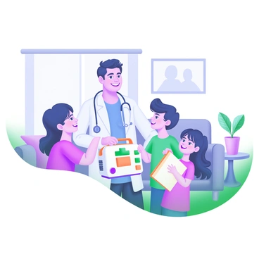 A modern pastel illustration featuring a doctor in a white coat, smiling and holding a stethoscope. Beside the doctor are two children, one holding a toy doctor kit and the other with a book. The family is gathered in a cozy living room, with a couch in the background, and a wall adorned with family pictures. A small plant is placed on a side table, adding a touch of greenery to the scene. The atmosphere conveys a sense of warmth and togetherness, showcasing the importance of work-life balance.
