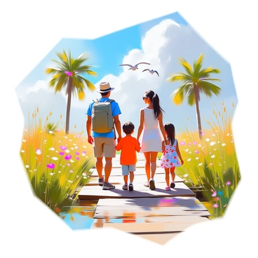 A family of four is hiking along a wooden boardwalk trail in the Everglades. The father, with light skin and wearing a blue t-shirt and cargo shorts, leads the way while carrying a backpack. The mother, with dark hair pulled back in a ponytail, is wearing a wide-brimmed hat and sunglasses, looking back at her children with a smile. Two children, a boy and a girl, are walking beside each other, the boy wearing a bright red shirt and the girl in a floral dress. Lush greenery surrounds the boardwalk, featuring tall grasses, vibrant wildflowers, and palm trees in the background. The sky overhead is a bright blue, scattered with fluffy white clouds. A small group of birds can be seen flying above the trail, adding life to the scene.