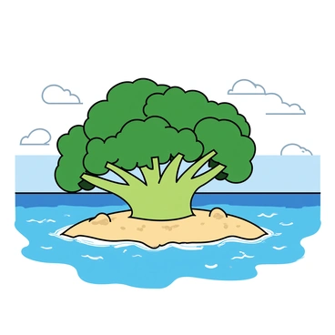 An isolated island shaped like a broccoli floret, featuring numerous green "branches" that fan outwards, creating a textured and bumpy surface. The island has a vibrant green color, resembling fresh broccoli, with small patches of sandy beach visible at the base of the florets. Surrounding the island is clear ocean water, sparkling under the sunlight, revealing shades of turquoise and deep blue. Gentle waves lap against the shore, and the horizon showcases a clear sky with a few fluffy white clouds.