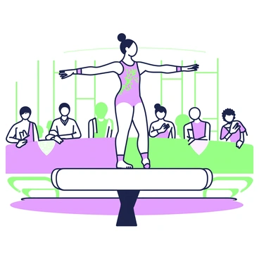 A gymnast is executing a routine on a balance beam during a competition. She has her arms extended for balance as she performs a graceful pose. The balance beam is positioned at the center of a brightly lit gymnasium. In the background, there are judges seated at a table, observing the performance with notepads in hand. The audience is visible, with some spectators cheering and others focused on the gymnast. The gymnast is wearing a fitted competition leotard adorned with intricate patterns, and her hair is neatly tied back in a bun.