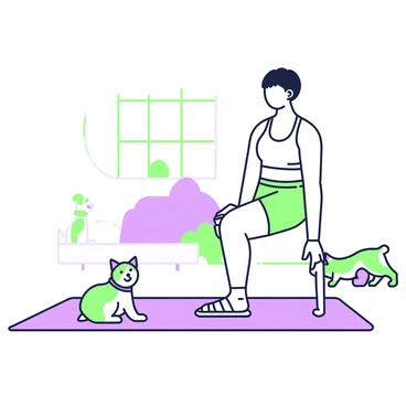 A person with short hair is performing knee push-ups on a yoga mat. They are wearing a fitted tank top and athletic shorts. Nearby, a curious cat with green-and-purple fur is sitting on the floor, watching intently. The cat's eyes are wide, and its ears are perked up, indicating interest in the activity. In the background, there is a small dog with a green-and-purple collar, lying on the ground and looking at the person. The room has a bright and open feel, with soft lighting illuminating the scene.