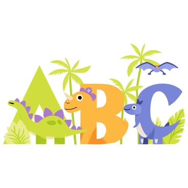 Three adorable dinosaurs are positioned in a prehistoric setting, where their bodies creatively form the letters "A", "B", and "C". The dinosaur forming the letter "A" is a small, green stegosaurus with vibrant purple spikes on its back. The dinosaur shaped like the letter "B" is a cheerful, orange triceratops with big, round eyes and tiny flowers adorning its head. The dinosaur forming the letter "C" is a playful blue pterosaur gliding through the air with its wings outstretched. In the background, lush green ferns and towering palm trees create a lively atmosphere, while a clear sky above adds to the cheerful environment.