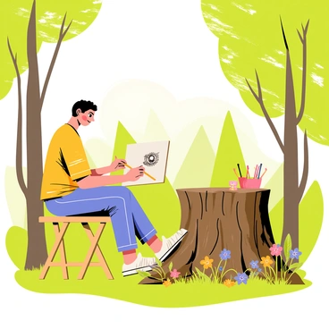 An artist sitting on a wooden stool is focused on sketching a tree stump in a quiet forest glade. The tree stump has rough, intricate textures, with visible rings and bark detail. Surrounding the artist is a lush green landscape filled with tall trees and patches of sunlight filtering through the leaves. A variety of small plants and wildflowers grow around the base of the stump, adding color to the scene. The artist's sketchbook is open, displaying a partially finished drawing of the stump.