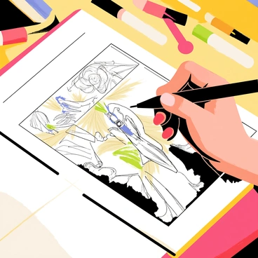 A close-up view of an artist's hand holding a black ink pen, carefully inking a comic panel. The panel features a detailed scene of a superhero in mid-action, with flowing capes and dynamic poses. The artist's fingers are stained with ink, showing signs of creativity and hard work. Surrounding the panel are various art supplies, including colored markers, brushes, and a sketchbook open to reveal preliminary sketches. The workspace is lit with a warm light that highlights the intricate details of the comic art.
