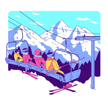 A group of skiers on a ski lift is ascending against a backdrop of majestic snowy mountains. The skiers are bundled in colorful winter jackets, each displaying a mix of bright colors. The ski lift chairs are made of metal and betray signs of wear, matching the rugged scenery. Below them, the mountains are blanketed in thick white snow, dotted with patches of dark rocks peeking through. The sky overhead is a gradient of blue with wisps of white clouds scattered throughout. The skiers hold their poles while leaning back in their seats, clearly enjoying the scenic view of the expansive winter landscape.