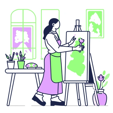 A woman is standing in an art studio, painting on a large canvas mounted on an easel. She has long hair tied back and is wearing an apron over her casual clothes. Surrounding her are various art supplies, including containers filled with brushes and tubes of paint. The studio has large windows allowing light to flood in, illuminating the space. There are colorful paintings displayed on the walls, and a palette with vibrant colors rests on a nearby table. A pot of flowers adds a touch of nature to the scene.