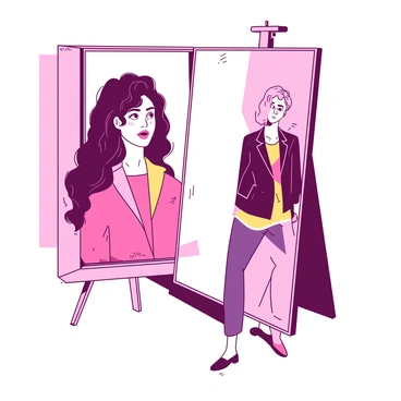 An individual with curly hair stands in front of a large mirror. The reflection in the mirror depicts a version of themself with straight hair and a vibrant outfit. The individual is wearing casual clothing, while the reflection showcases a formal attire, complete with a stylish blazer. The expression on the individual's face is one of surprise and curiosity as they gaze into the mirror, captivated by the stark contrast between their reality and the reflection. The background features a soft, neutral wall that contrasts with the vivid colors of the outfit in the reflection.
