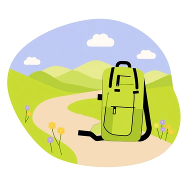 A hiker's rucksack resting on a dirt trail. The rucksack is green with several pockets and clips visible. In the background, there is a scenic vista of rolling hills, with varying shades of green and brown. The sky above is bright blue with a few fluffy white clouds. Small wildflowers in shades of yellow and purple line the edges of the trail, adding color to the scene.