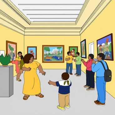 A colorful cartoon illustration of Karnataka Chitrakala Parishath art gallery, showcasing its distinct architecture with large windows and decorative elements. The gallery is bustling with a diverse group of visitors, including a woman with curly hair wearing a yellow dress, and a man in a blue shirt, both admiring a large abstract painting on display. In the foreground, a child with pigtails is pointing excitedly at a sculpture, while a person with glasses and a backpack takes a photo. Vibrant artworks in various styles are hung on the walls, creating a lively atmosphere filled with appreciation for art.