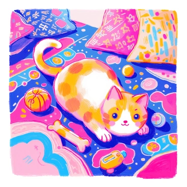 A flat-faced animal character, resembling a cozy cat with round cheeks, is playfully lounging on a vibrant rug filled with intricate patterns. The cat is stretching its paws, with its tail curled around its body. Scattered around the rug are various colorful toys, including a small ball, a mouse-shaped toy, and a squeaky bone. In the background, hints of patterned cushions add to the cheerful atmosphere.