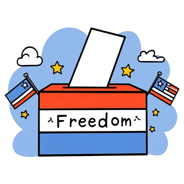 A patriotic illustration of a ballot box with the word 'Freedom' written on it