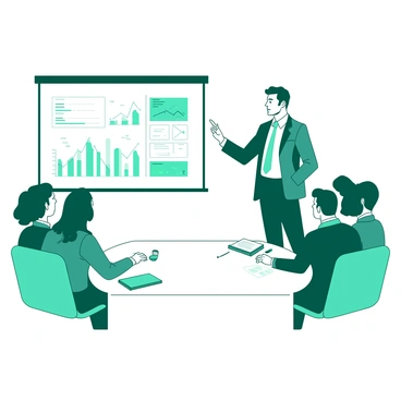 A teal professional in formal attire stands confidently in front of a white screen. The screen displays colorful key metrics and graphs, capturing the attention of an audience. The colleagues, seated in a semi-circle, are engaged and focused on the presentation. The setting is a modern conference room, with a long white table and a few notebooks and pens scattered across it. The professional gestures towards the screen, emphasizing important data points.