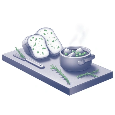 A rustic wooden table set with garlic bread and a bowl of stew