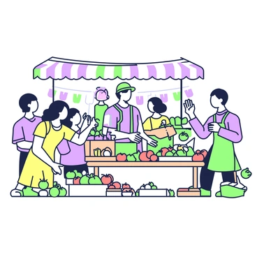 A bustling marketplace is filled with various stalls showcasing a variety of goods. In the foreground, a vendor with a friendly expression stands behind a wooden table, surrounded by colorful fruits and vegetables arranged neatly. He is gesturing with his right hand while holding a green apple in his left hand, indicating the quality of his products. Several customers are gathered around him, listening attentively with smiles on their faces. A woman in a yellow dress is reaching for a ripe tomato, while a man in a blue shirt is nodding in agreement. In the background, other vendors are busy attending to their customers, creating a lively atmosphere. Several colorful banners hang above the stalls, adding to the vibrancy of the scene.