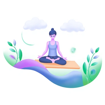 A person in a focused meditation pose while balancing on a plank. The individual is dressed in comfortable yoga attire, with their hands resting on their knees. Surrounding them are calming visuals, including soft, flowing waves in shades of blue and green, and gentle clouds floating above. Delicate plants with rounded leaves, softly illuminated, are placed at the edges of the scene, enhancing the tranquil atmosphere.
