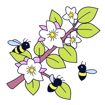 A branch with several grapefruit blossoms in full bloom, showcasing delicate white petals with a hint of pink at the edges. The blossoms are surrounded by vibrant green leaves, providing a lush backdrop. Several small bees, with fuzzy bodies and translucent wings, are busy collecting nectar from the flowers. The scene captures the interaction between the bees and the blossoms, highlighting the beauty of nature.