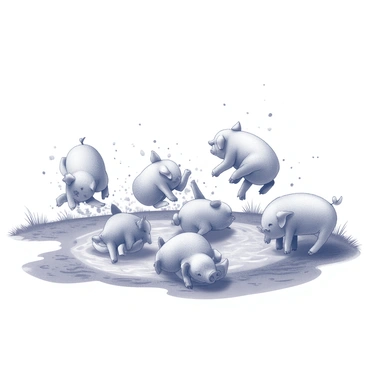 A group of piglets is playing in a muddy puddle. The piglets are small and round, with their bodies splashing in the mud, creating droplets that rise and fall around them. Some piglets are leaping playfully, while others are rolling over on their backs, legs in the air. The puddle is surrounded by tufts of grass and patches of dirt. Above them, the sky is clear with no clouds in sight, creating a bright atmosphere over the scene.