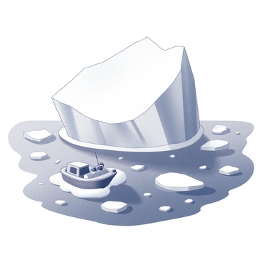 A small boat narrowly avoiding an iceberg in icy waters