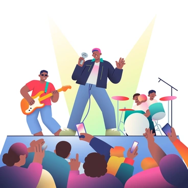 A band is performing on a stage, illuminated by bright, colorful lights. The lead singer, wearing a black leather jacket and skinny jeans, is holding a microphone and engaging with the audience. A guitarist on the left is playing an electric guitar, wearing a red shirt and sunglasses. The drummer in the back is energetically playing the drums, with drumsticks raised high. In front of the stage, a cheering crowd of diverse individuals is waving their hands and holding up their phones to capture the moment. The scene is filled with excitement and energy as the lights flash in various colors, creating a vibrant atmosphere.