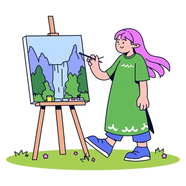 An elf with long, flowing hair is focused on painting a scenic landscape of "Rivendell" on a canvas. The elf is wearing a flowing green tunic adorned with simple patterns. The canvas is placed on an easel, capturing the delicate outlines of the lush trees and waterfalls of "Rivendell." In the background, there are tall mountains and a clear blue sky. The grass where the elf stands is vibrant and dotted with small wildflowers. A palette filled with various colors is beside the elf, and a paintbrush is held delicately in one hand.