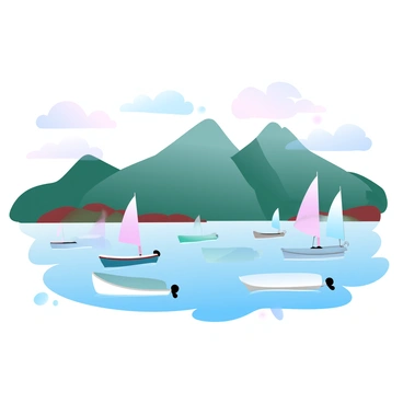 Several boats are gently bobbing in the water of a tranquil harbor. The boats have varying colors and designs, some with sails up while others are moored. In the background, the dramatic mountainous landscape of Madeira rises, covered in lush greenery that contrasts with the serene blue of the water. Soft clouds hover above the mountains, casting gentle shadows on the peaks. The scene is illuminated by warm sunlight, creating a harmonious atmosphere.