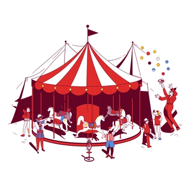 A red carousel with ornate, colorful horses is situated under a large white circus tent. The carousel is adorned with bright lights that illuminate its structure. In the background, there are performers dressed in vibrant costumes, including a juggler tossing colorful balls and a clown balancing on a unicycle. The tent's fabric billows gently, adding movement to the scene as the performers interact with spectators nearby.
