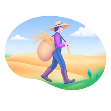 A farmer wearing a wide-brimmed hat and sturdy boots is walking through a golden wheat field. He has a burlap sack of grains slung over his shoulder, and the grains are spilling slightly from the top. The wheat plants rise around him, swaying gently in the breeze. In the background, a clear blue sky stretches above, dotted with a few fluffy white clouds. The sunlight casts warm tones across the field, enhancing the vibrant gold of the wheat.