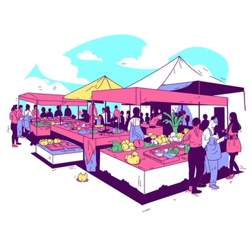 A vibrant market scene with numerous stalls filled with an array of colorful goods. Each stall is covered with bright canopies, displaying various items for sale. There are fruits, vegetables, textiles, and handcrafted goods, all arranged neatly. Shoppers are interacting with vendors, examining products closely. The atmosphere is lively, with people moving about, chatting, and enjoying the market experience. The sky above is clear, providing a bright backdrop to the bustling activity below.