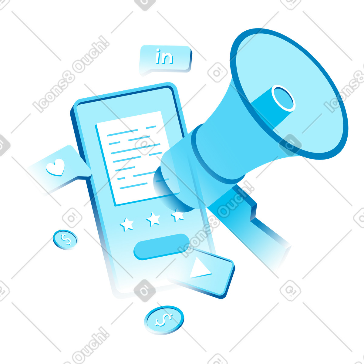 Smartphone with loudspeaker for online marketing, Digital advertising and promotion concept illustrazione in stile Icy scarica in PNG, SVG
