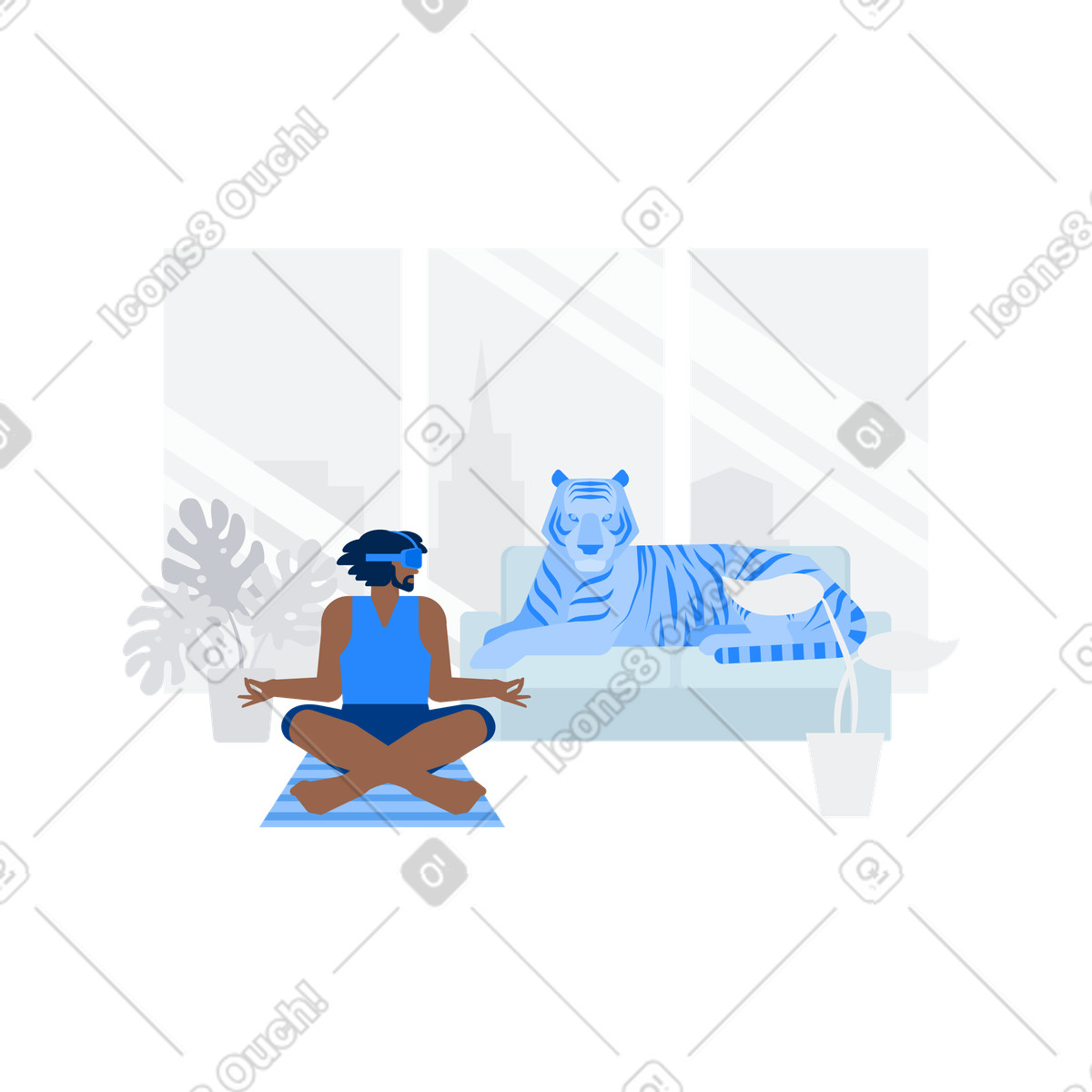 Urban 스타일의 Practicing meditation with VR goggles, Digital wellness and guided relaxation 일러스트레이션 PNG, SVG 다운로드