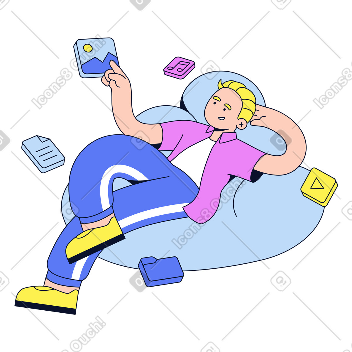 Relaxed user interacting with floating media icons, Online file management concept illustration in Flexy style download in PNG, SVG