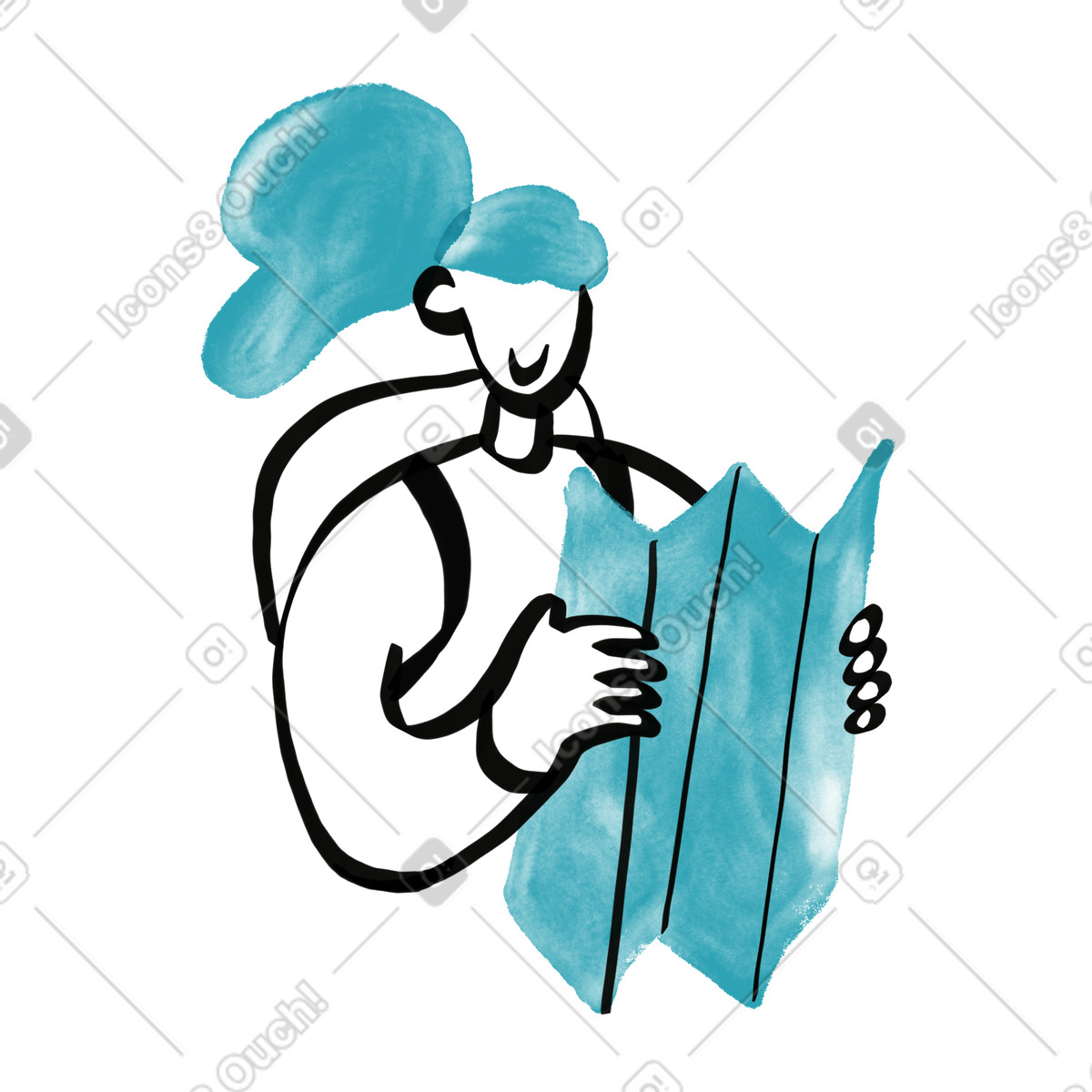 下载 Watercolor sketch 风格的 Hiker holding folded map while wearing backpack and smiling confidently 插画，支持 PNG、SVG 格式