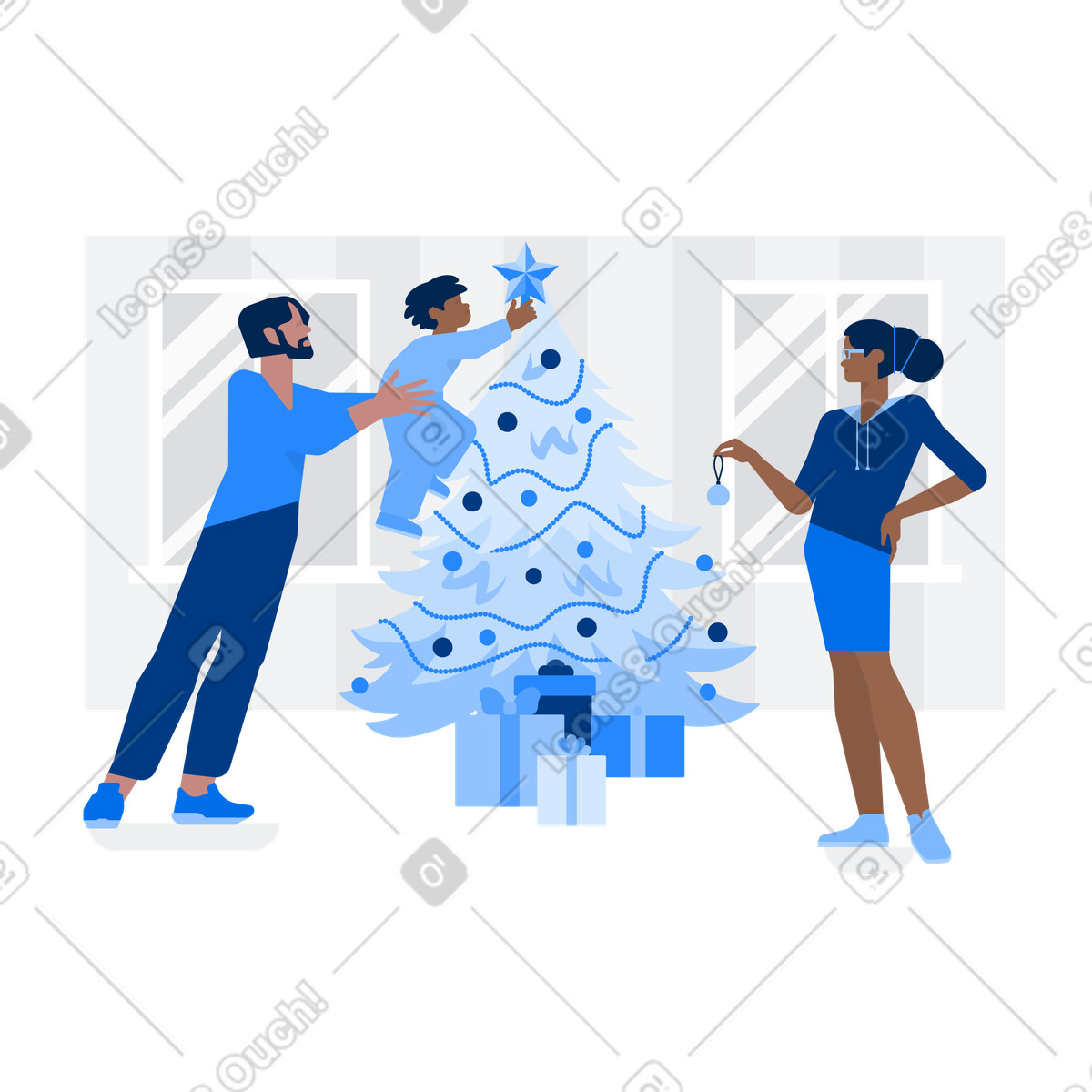 Ilustración Family decorating Christmas tree, Holiday celebration at home en estilo Urban a descargar en PNG y SVG